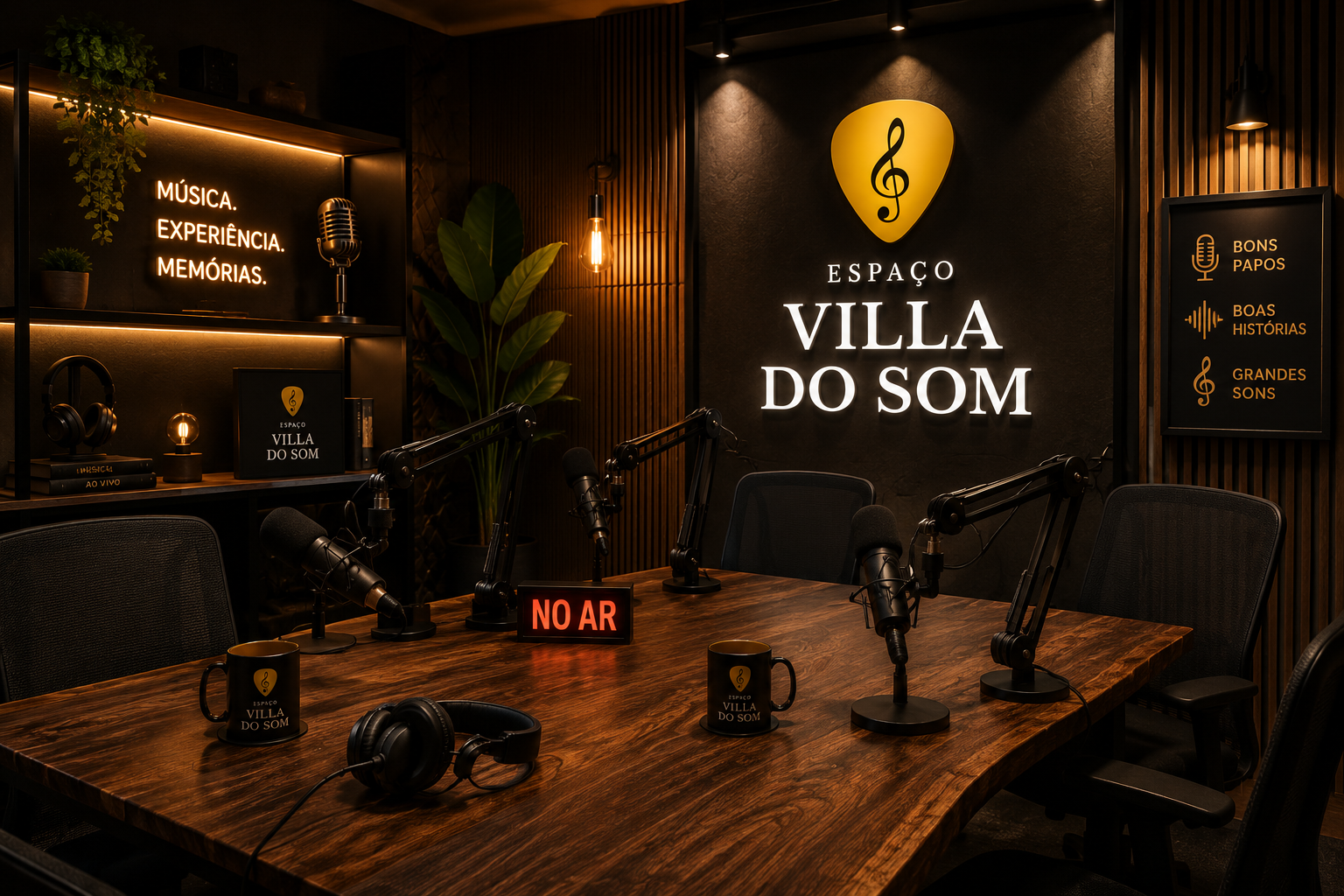 Estúdio de podcast Villa do Som com mesa de madeira, microfones e identidade da casa